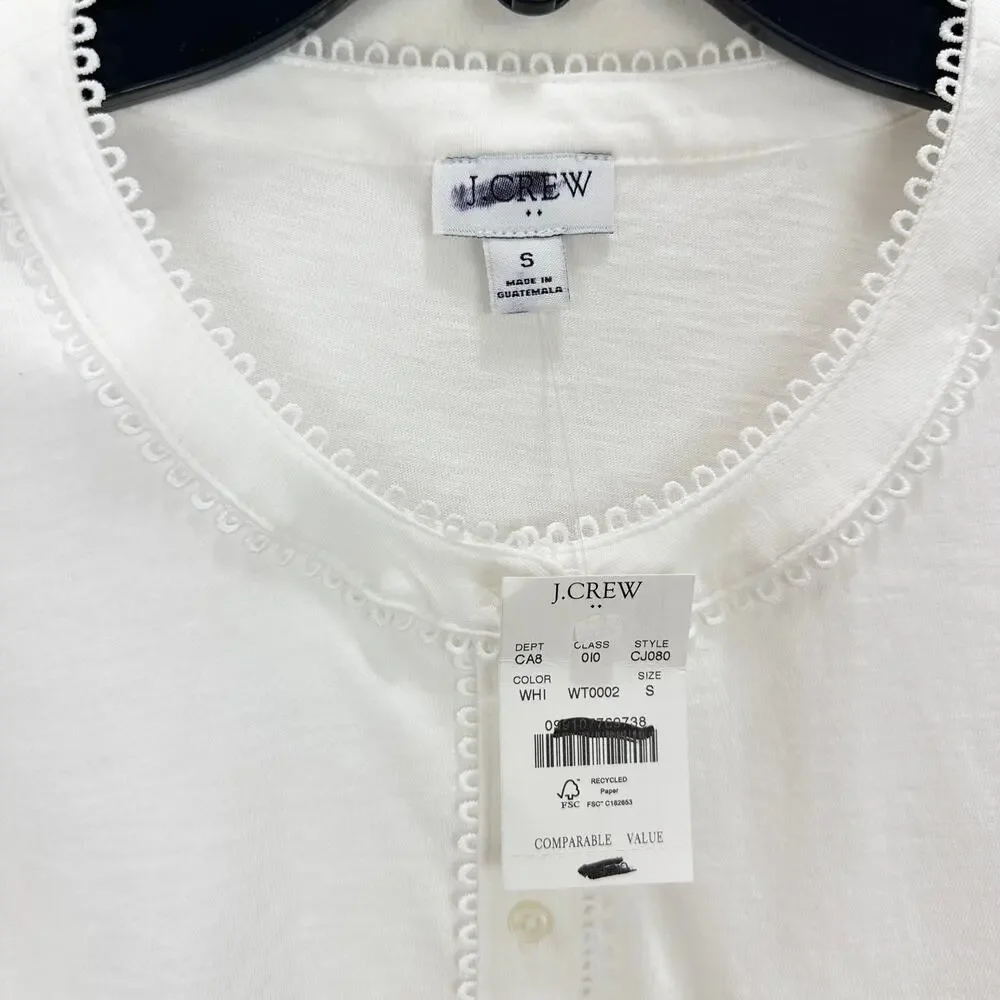 J.Crew Smocked Henley Knit Top Short Puff Sleeve Cotton Cottage White Small NWT